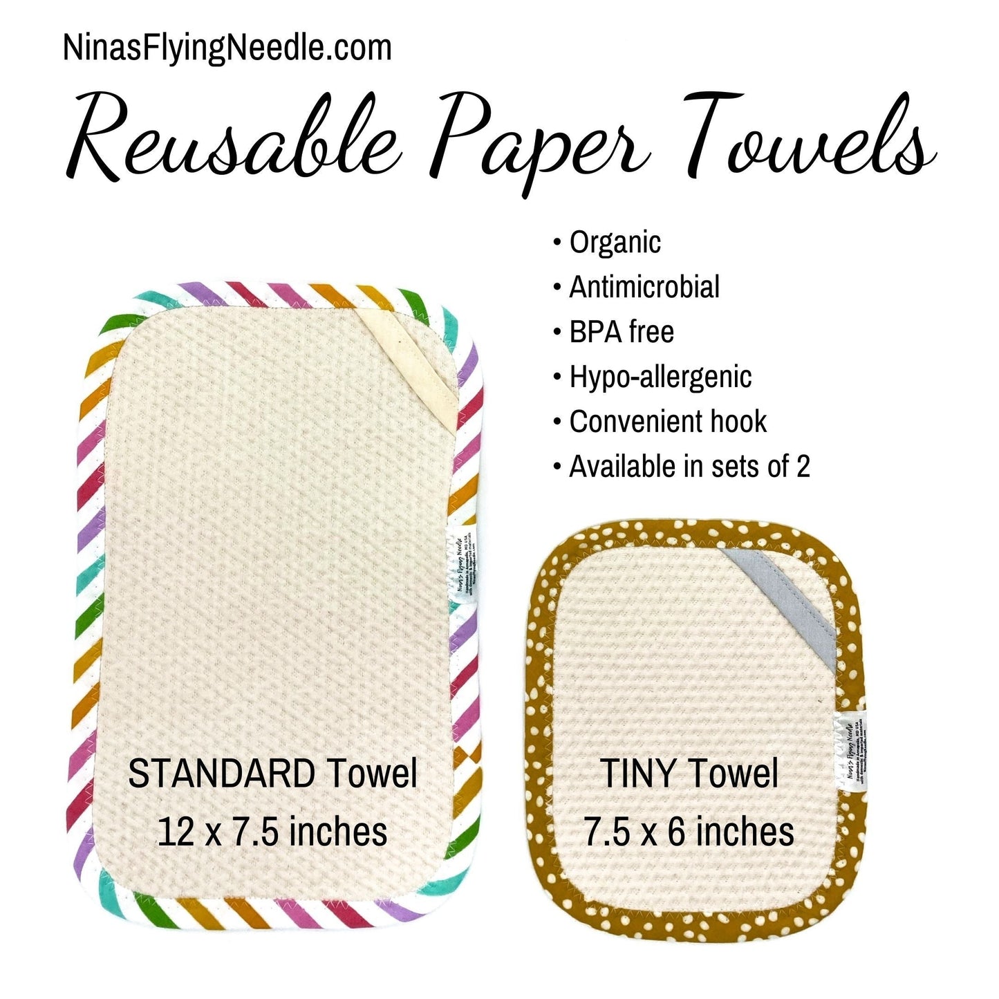Set of 2 Reusable STANDARD Paper Towels - Gingham Green and White and Carrots