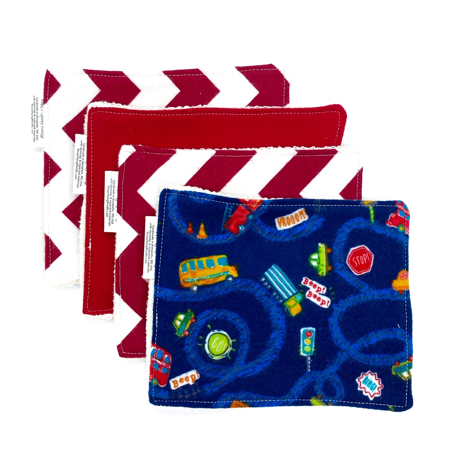 Wash Cloths - Minis - Chevron Red and White, Solid Red and Cars