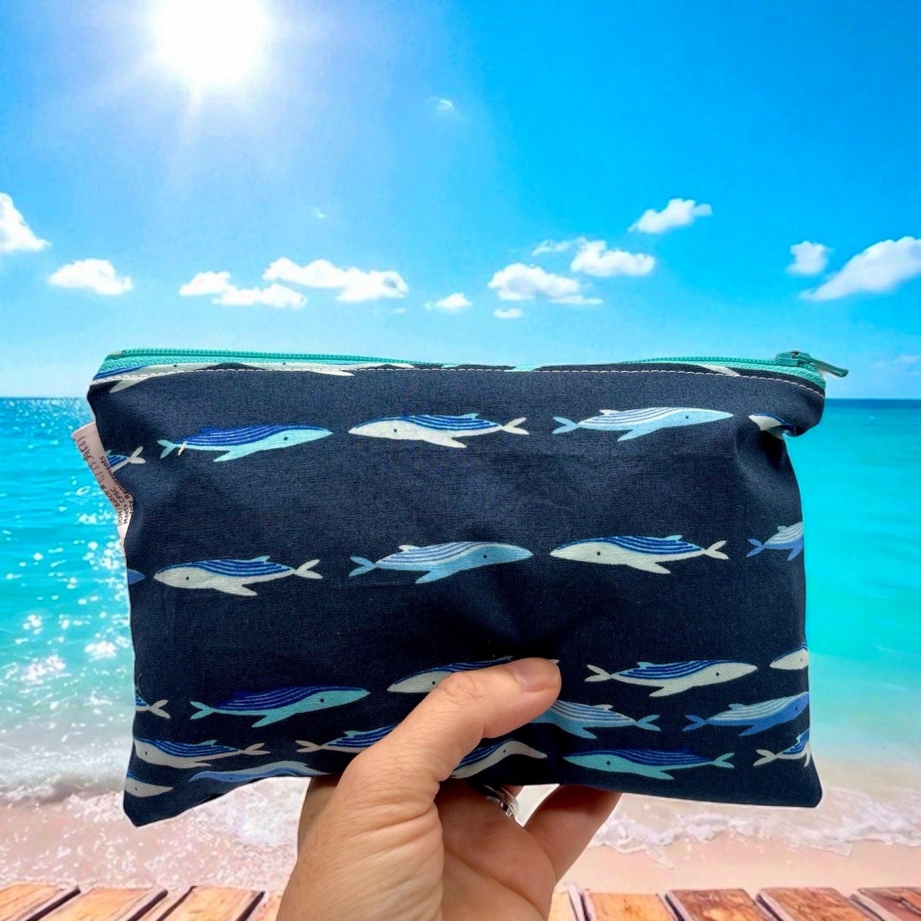 Snack Sized Reusable Zippered Bag Whales on Blue