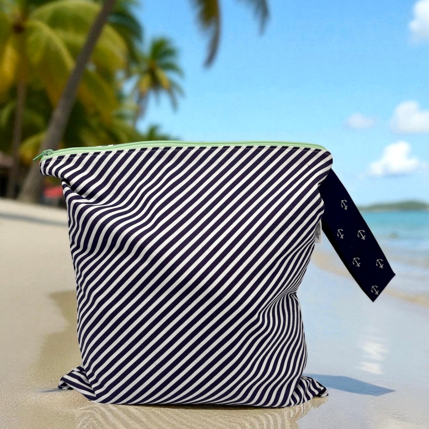 Large Wet Bag with Handle Bias Stripes Navy and Anchors