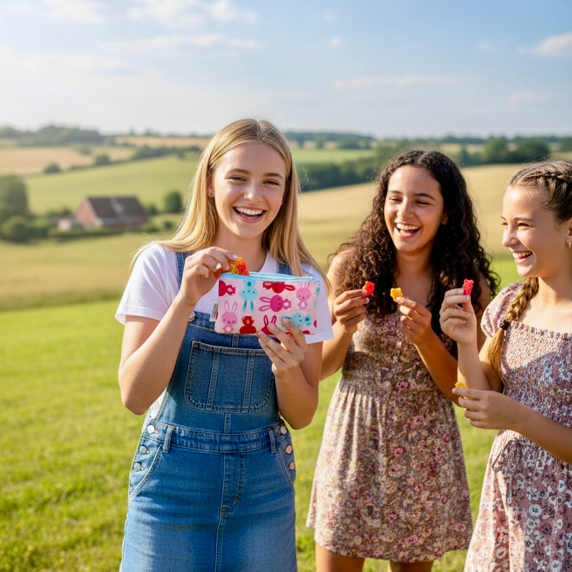 Knick Knack Sized Reusable Zippered Bag Bunnies on Pink
