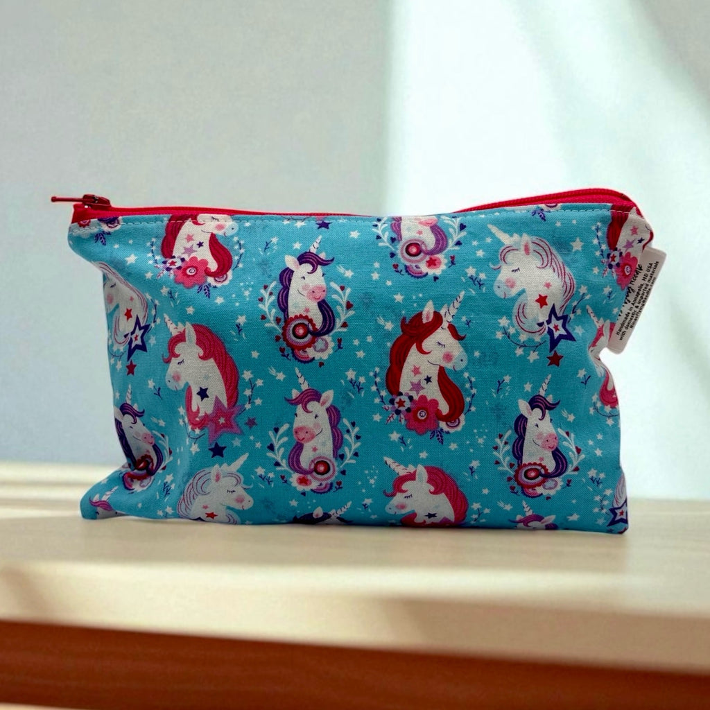Snack Sized Reusable Zippered Bag Unicorns on Aqua