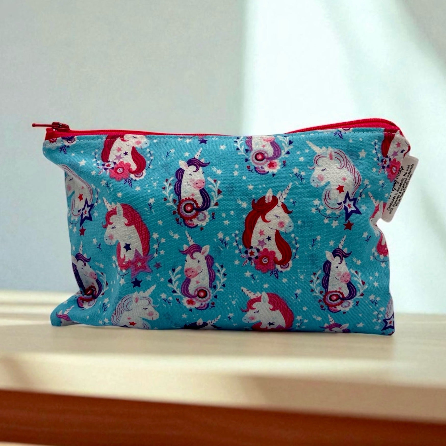 Snack Sized Reusable Zippered Bag Unicorns on Aqua