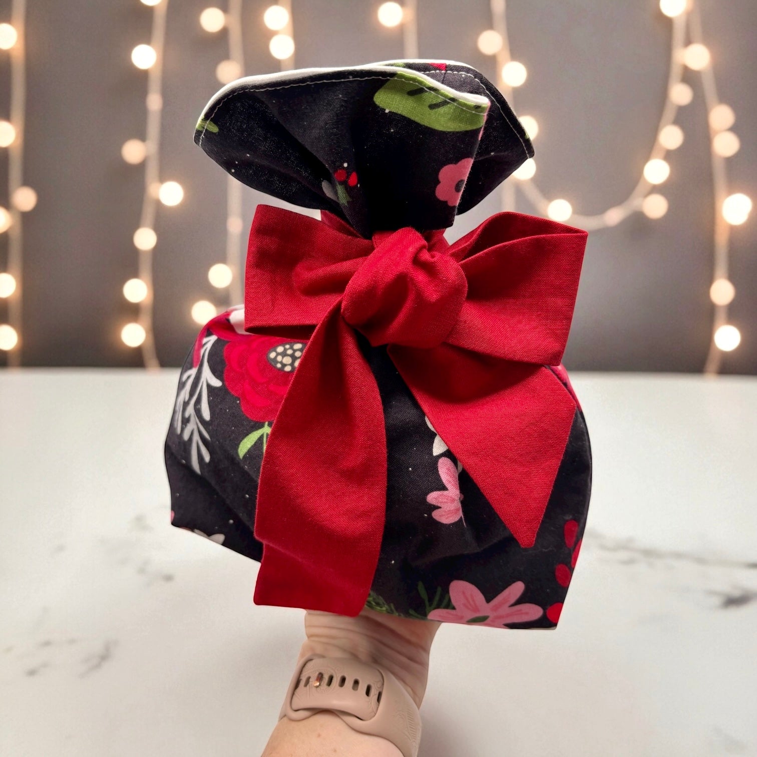 Little Something Gift Bag - Christmas Flowers on Black