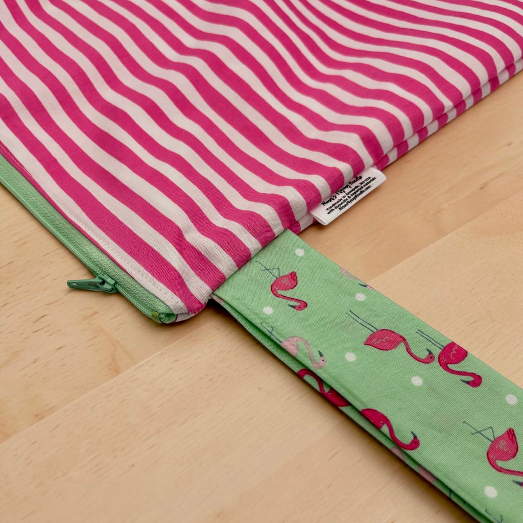 Large Wet Bag with Handle Stripe Wonky Pink and Flamingos