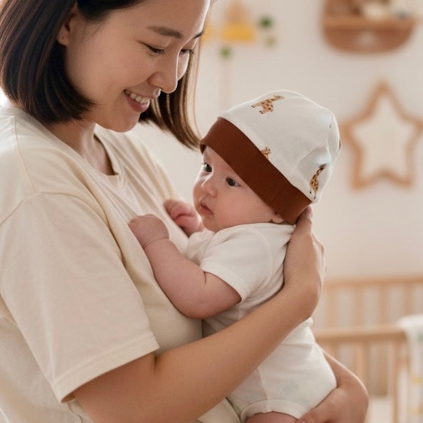 Beanie Hat in Baby: Giraffes with Solid Brim