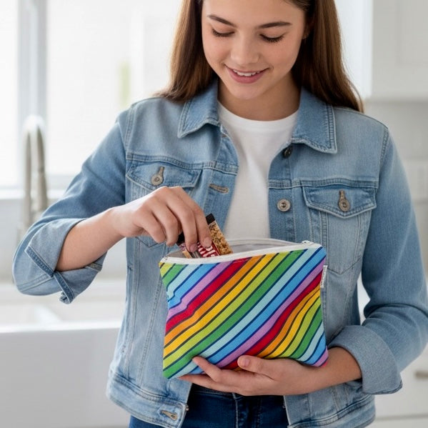 Sandwich Sized Reusable Zippered Bag Stripes Bias Rainbow