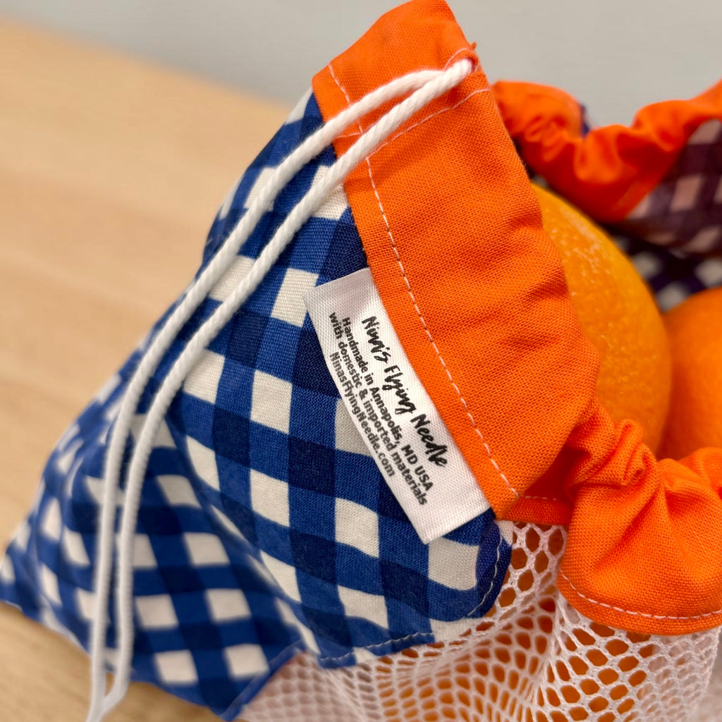 Medium Produce Bag Gingham Blue with Orange