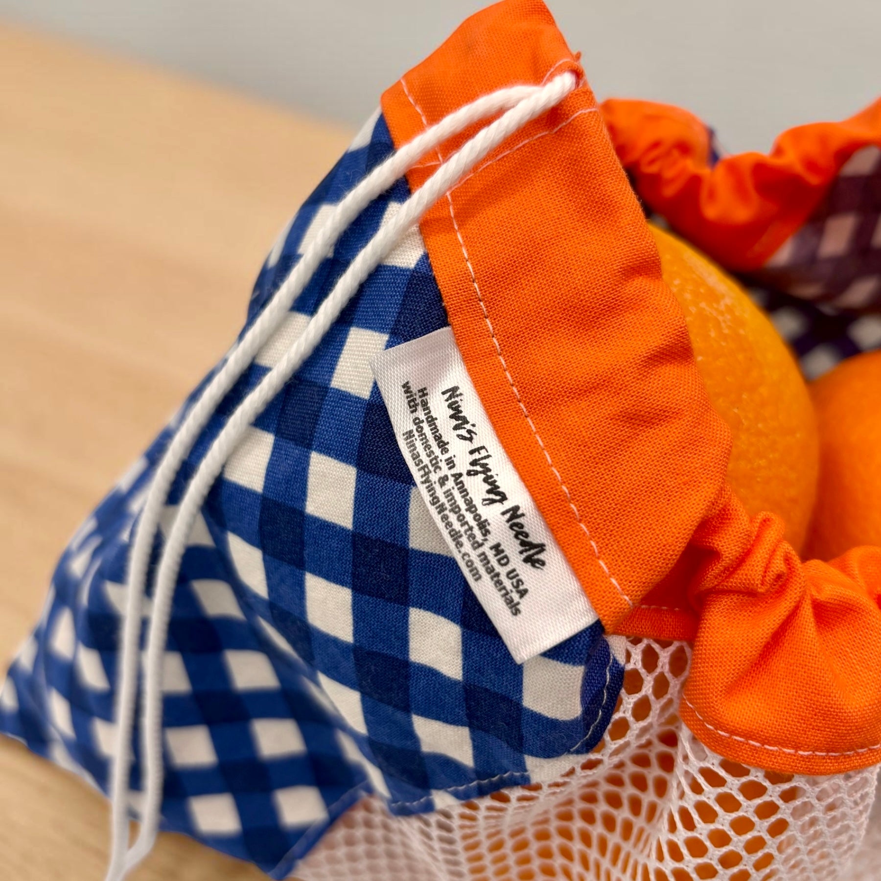Medium Produce Bag Gingham Blue with Orange