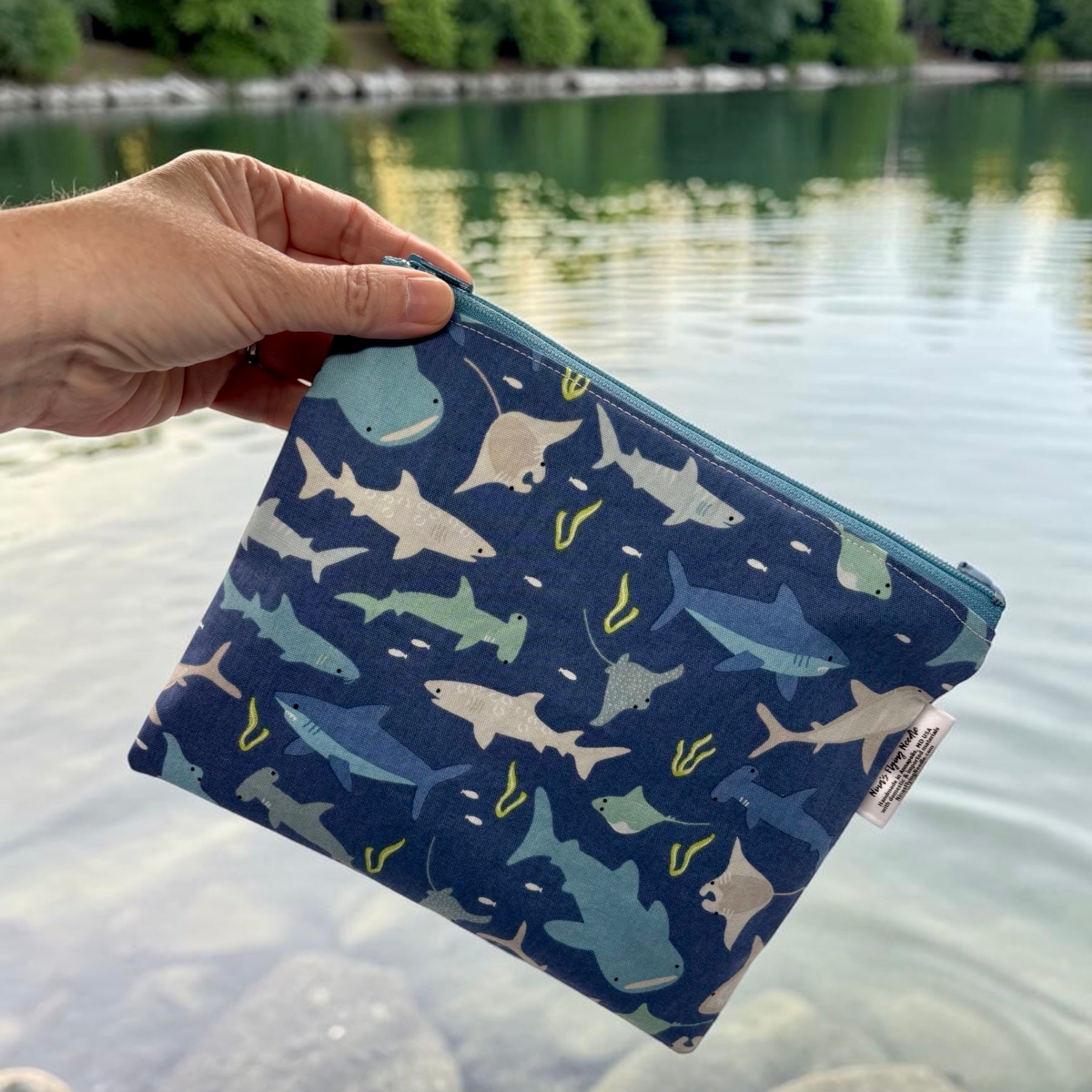 Sandwich Sized Reusable Zippered Bag Sharks on Blue