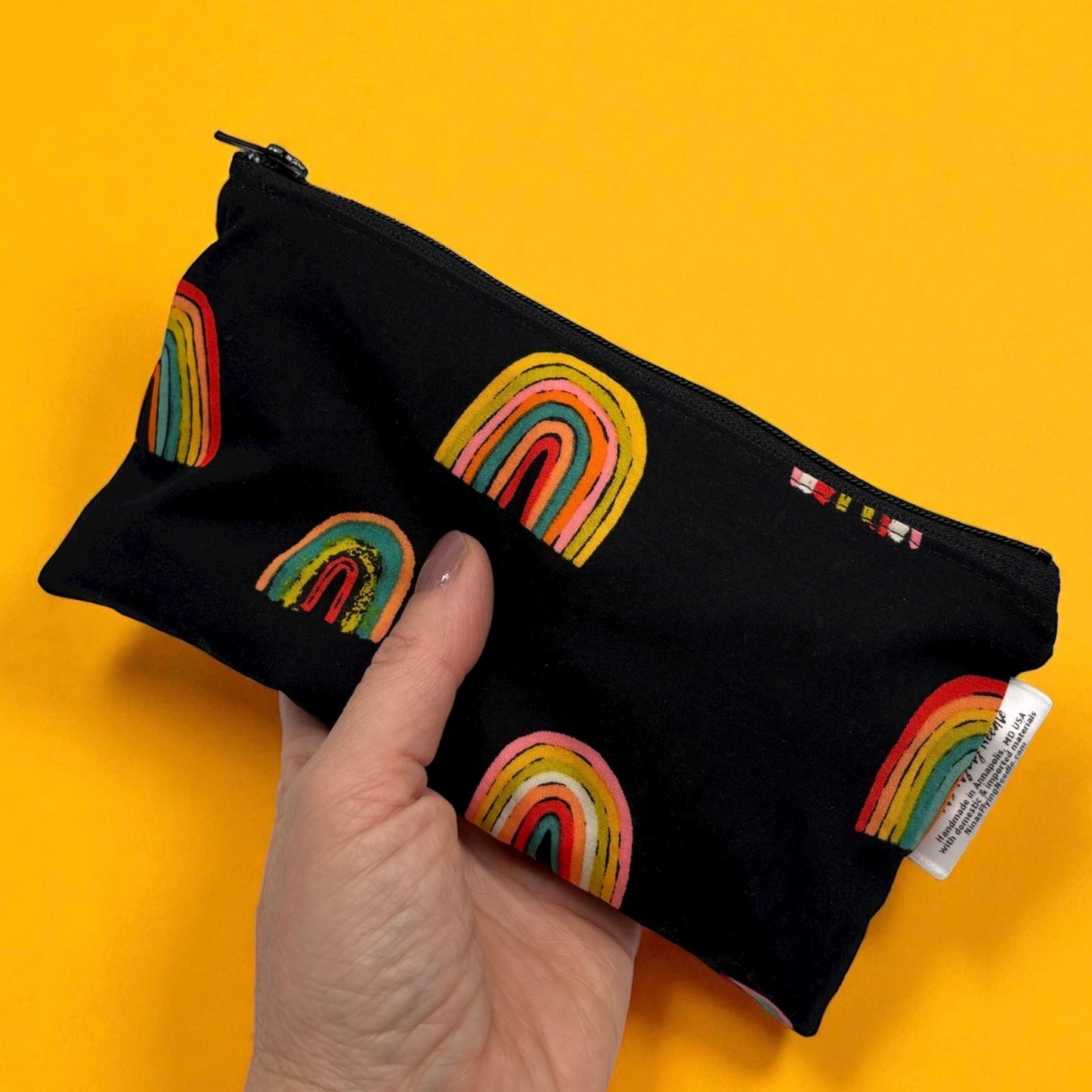 Knick Knack Sized Reusable Zippered Bag Rainbows on Black