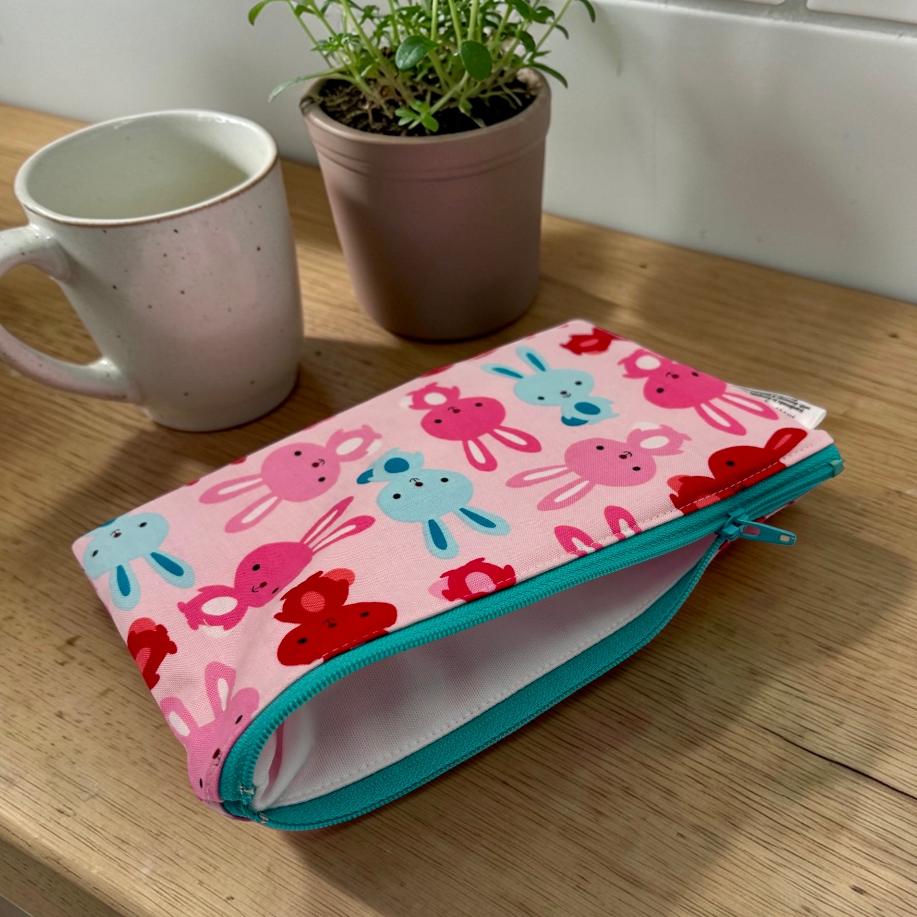 Snack Sized Reusable Zippered Bag Bunnies on Pink