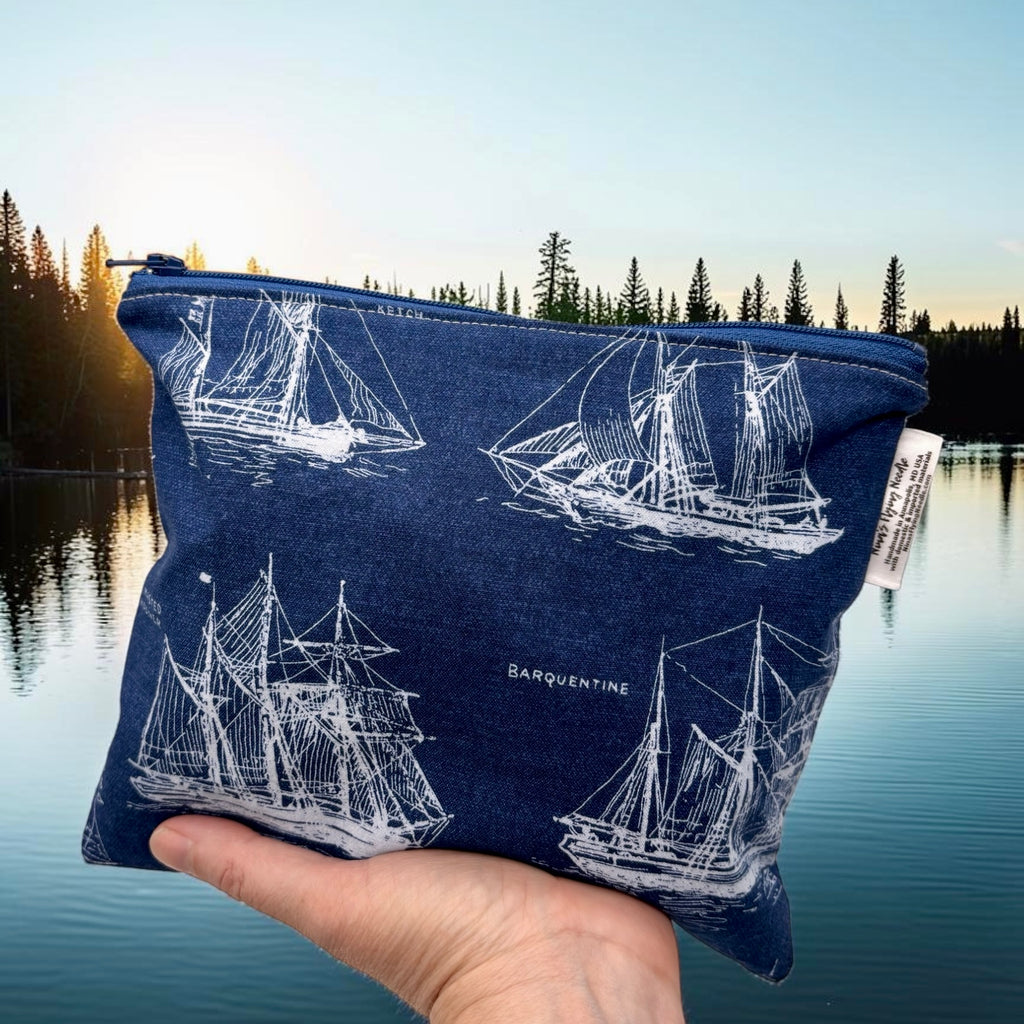 Sandwich Sized Reusable Zippered Bag Sailboats on Navy