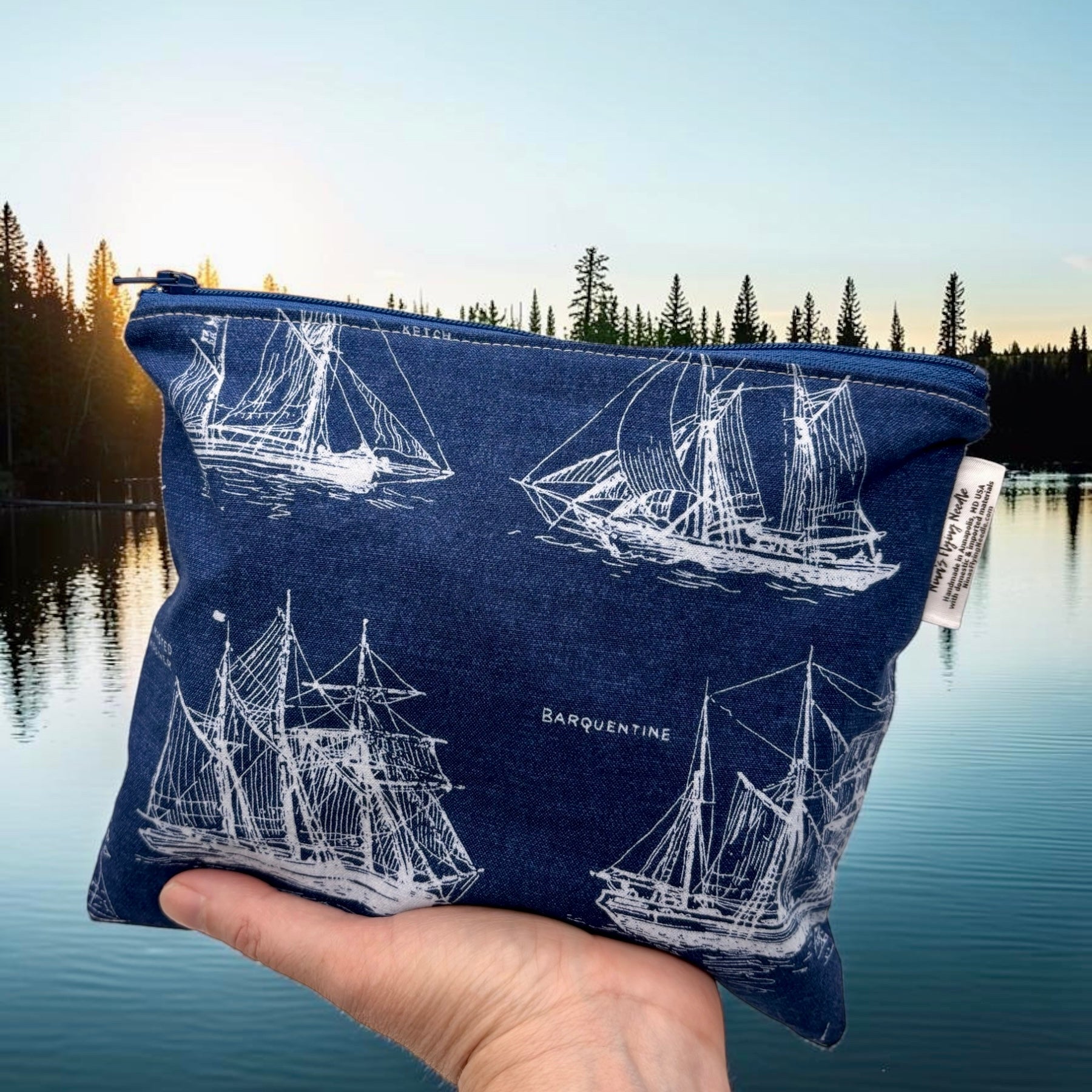 Sandwich Sized Reusable Zippered Bag Sailboats on Navy