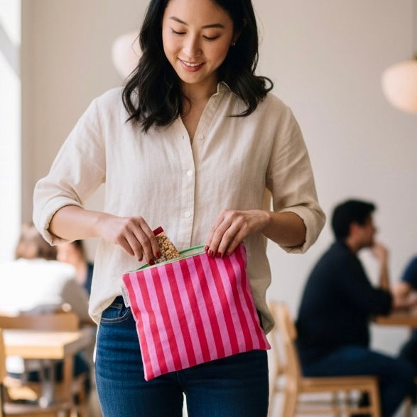 Sandwich Sized Reusable Zippered Bag Stripes Pink