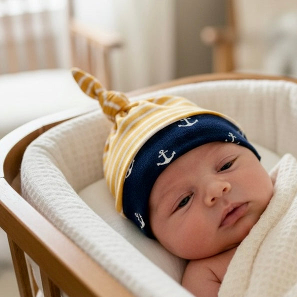 Knot Hat in 3 months: Anchors and Stripes