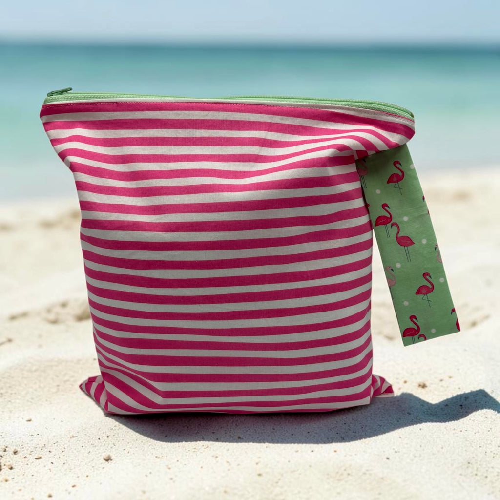 Large Wet Bag with Handle Stripe Wonky Pink and Flamingos
