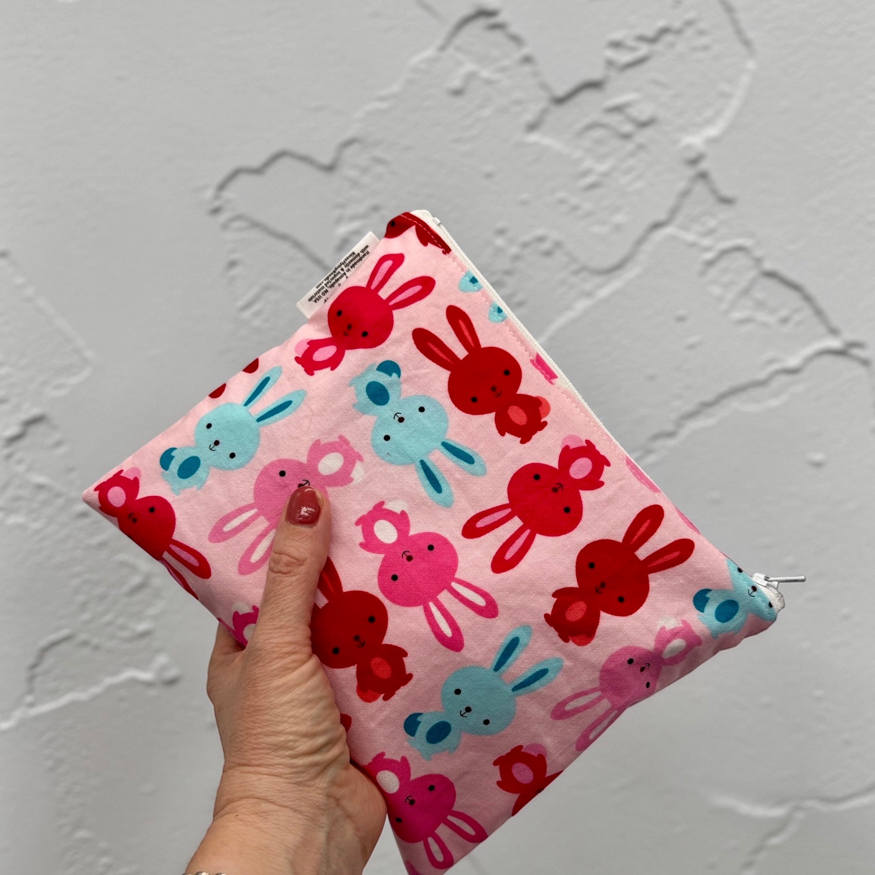 Sandwich Sized Reusable Zippered Bag Bunnies on Pink