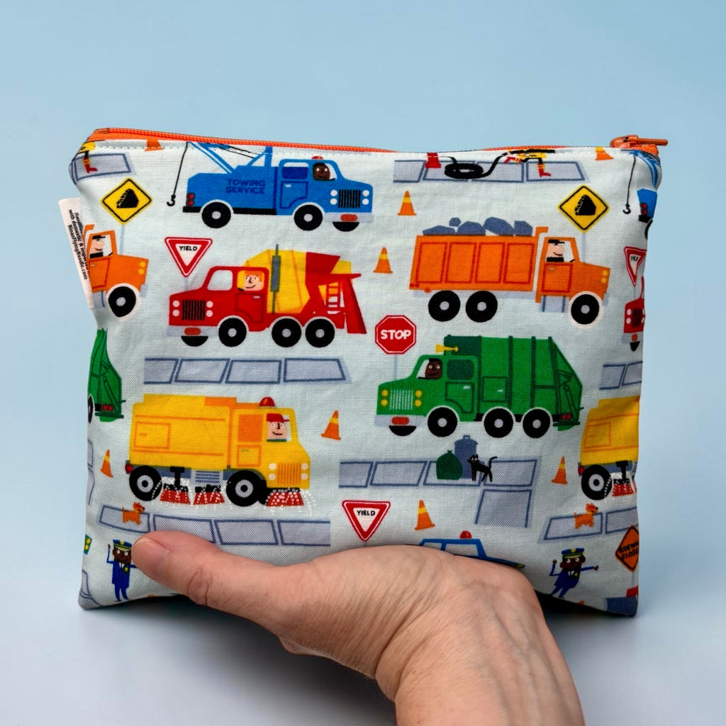 Sandwich Sized Reusable Zippered Bag Construction Trucks