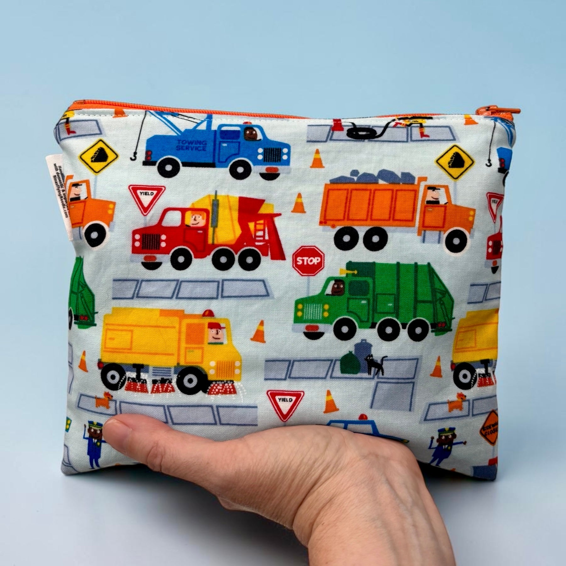 Sandwich Sized Reusable Zippered Bag Construction Trucks