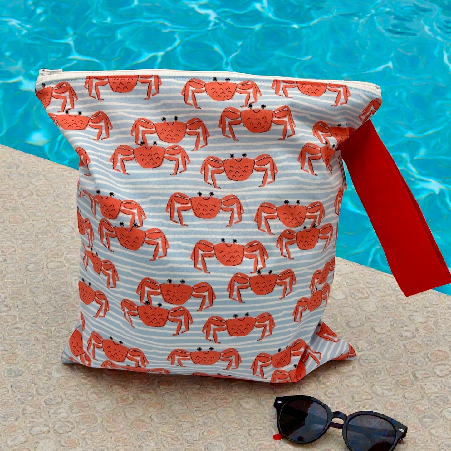 Large Wet Bag with Handle Pool Crabs and Stripes