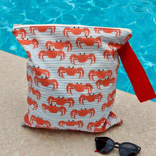 Large Wet Bag with Handle Pool Crabs and Stripes