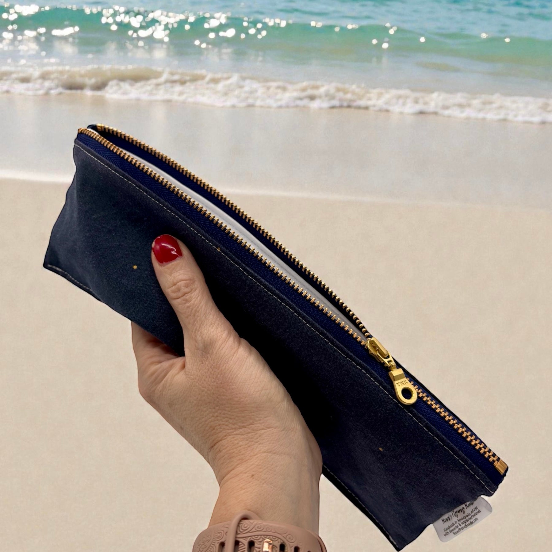 Regular Sized Reusable Straw/Utensil Wet Bag Dots on Navy with Metal Zipper