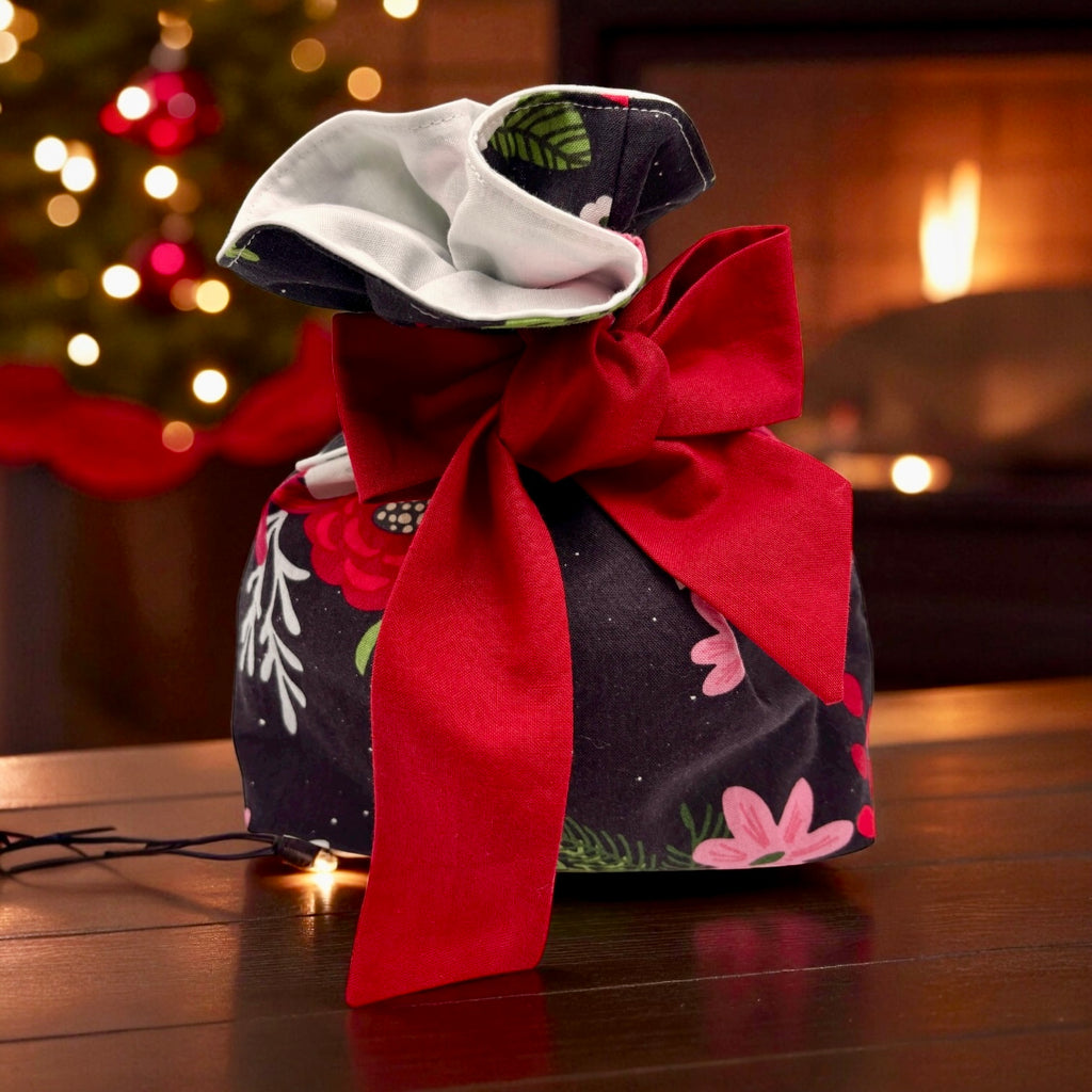 Little Something Gift Bag - Christmas Flowers on Black