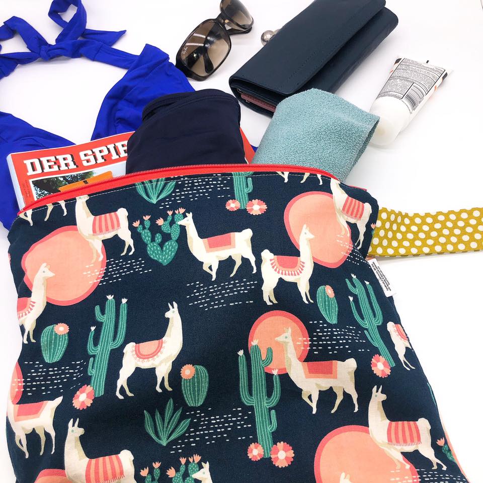 Large Wet Bag with Handle Florals on Navy