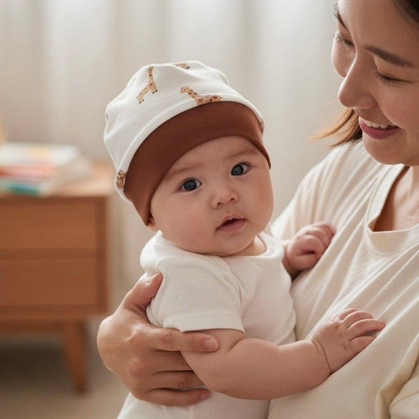 Beanie Hat in Baby: Giraffes with Solid Brim
