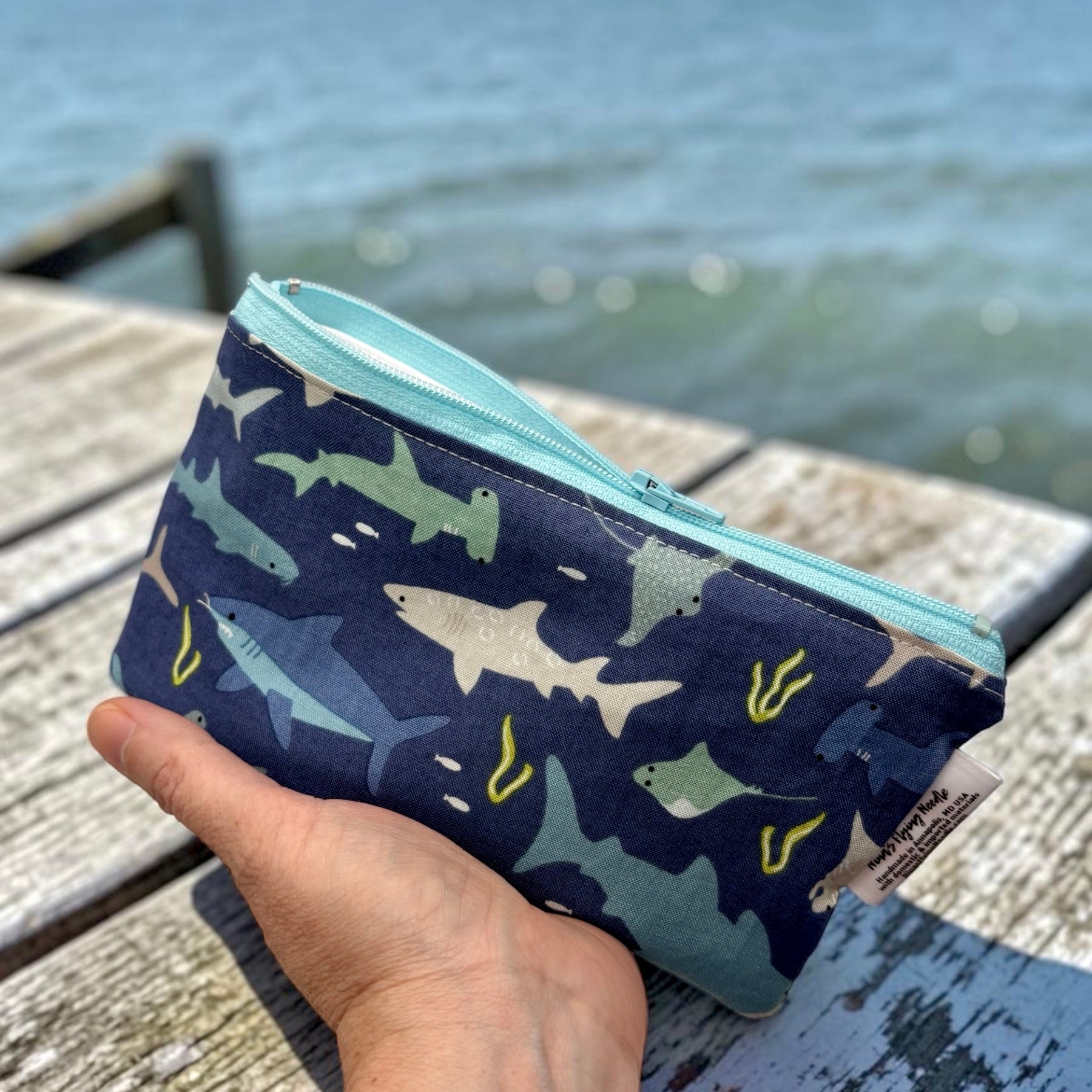 Knick Knack Sized Reusable Zippered Bag Sharks on Blue