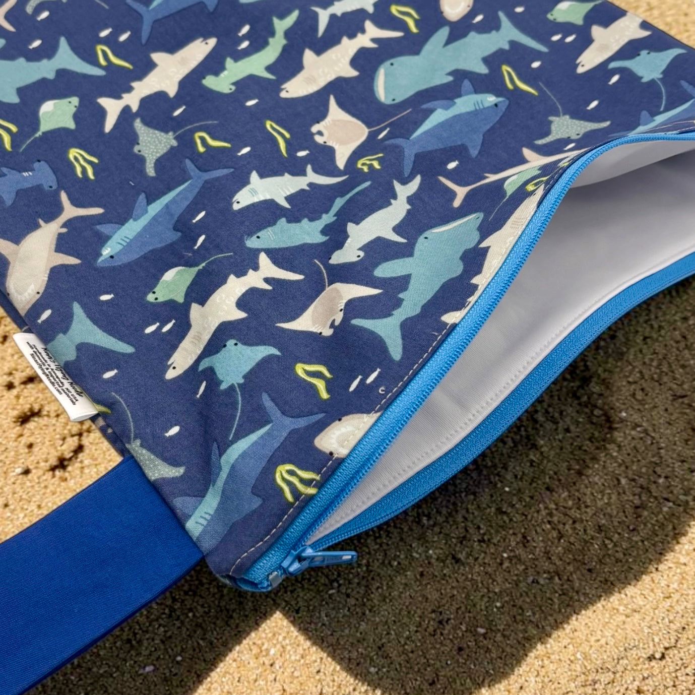 Large Wet Bag with Handle Sharks on Blue