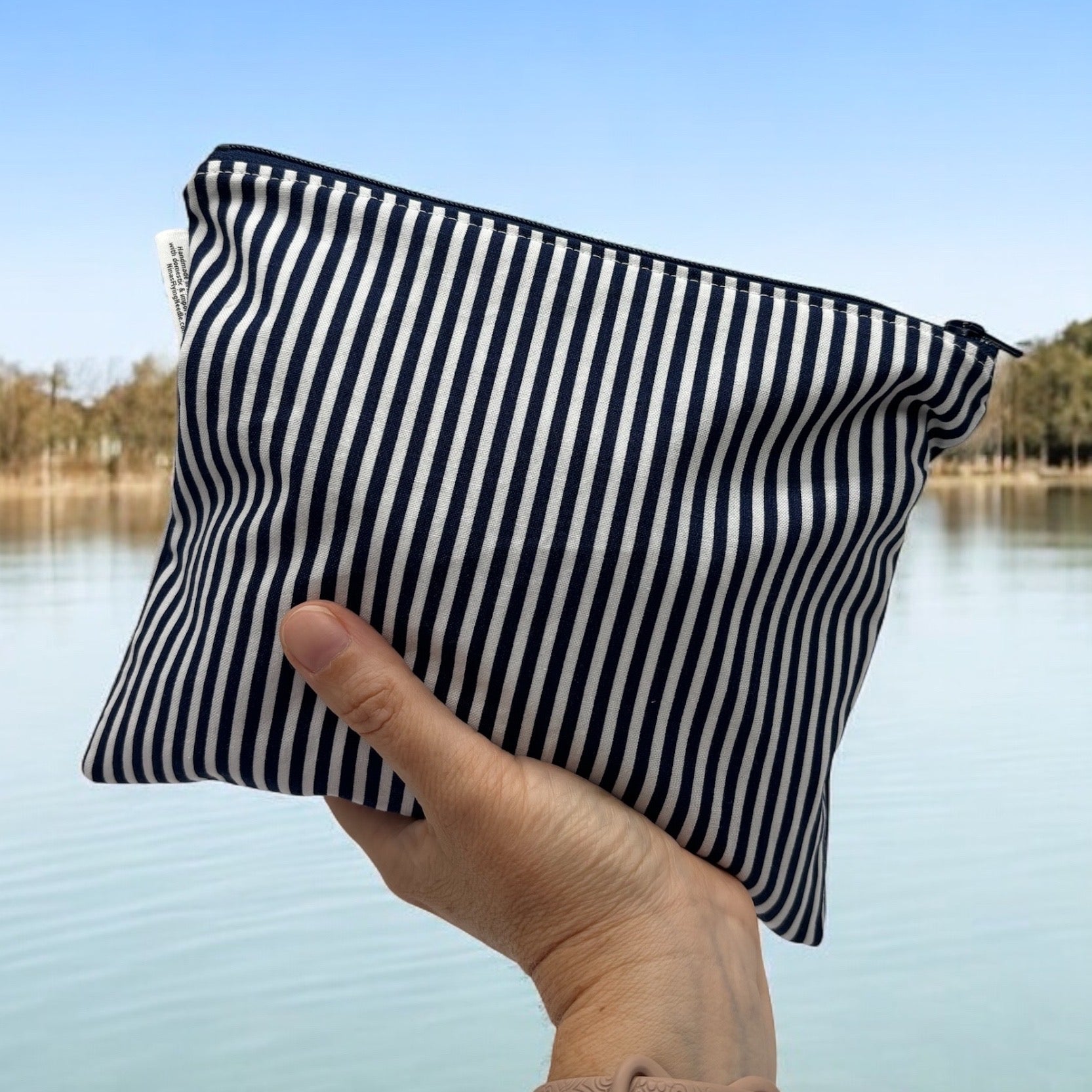 Sandwich Sized Reusable Zippered Bag Stripes Navy Blue