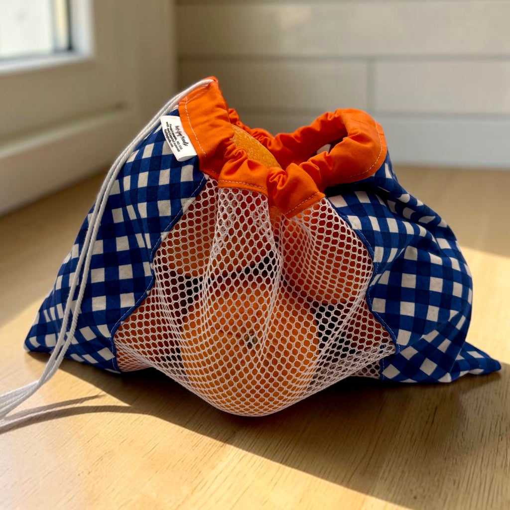 Medium Produce Bag Gingham Blue with Orange