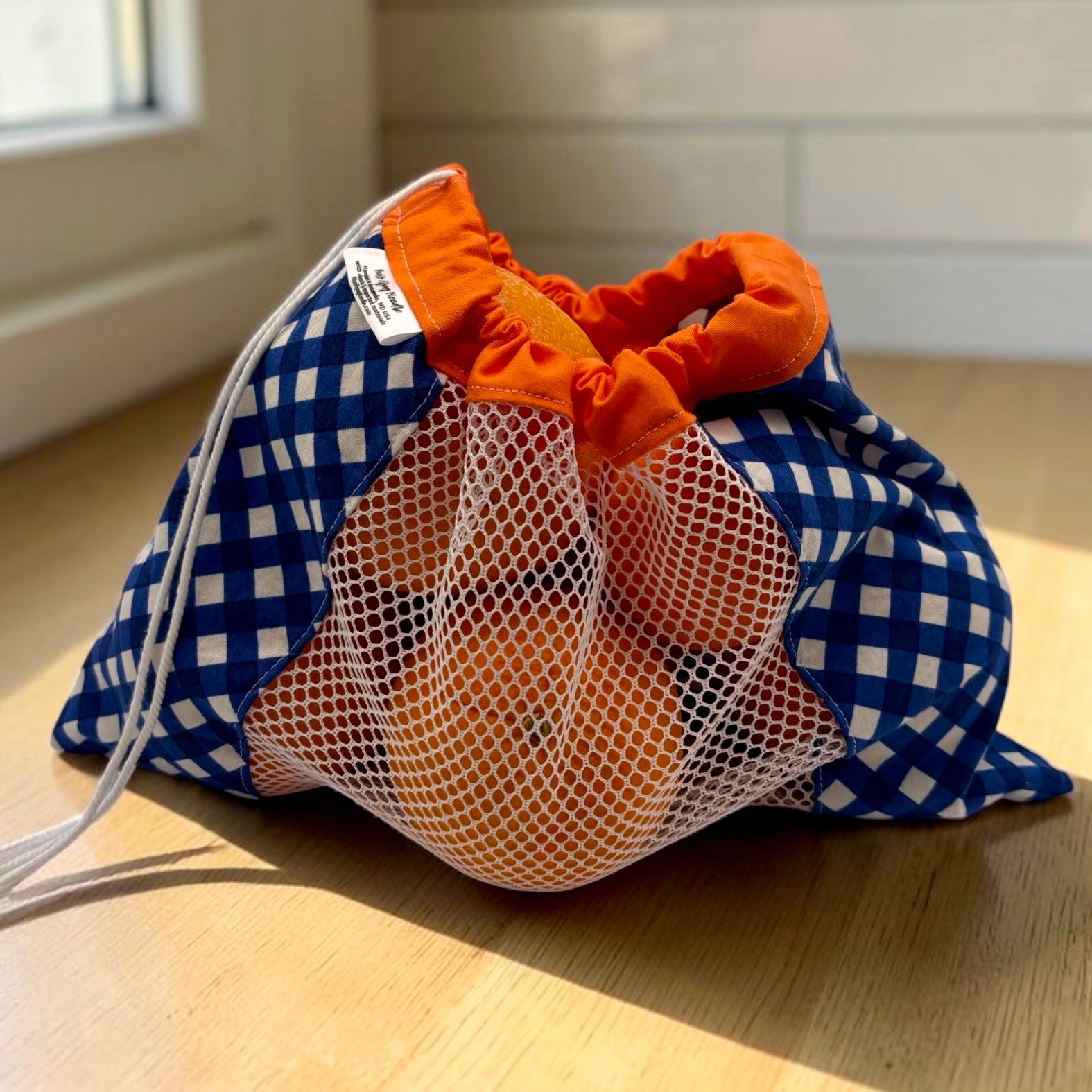 Medium Produce Bag Gingham Blue with Orange