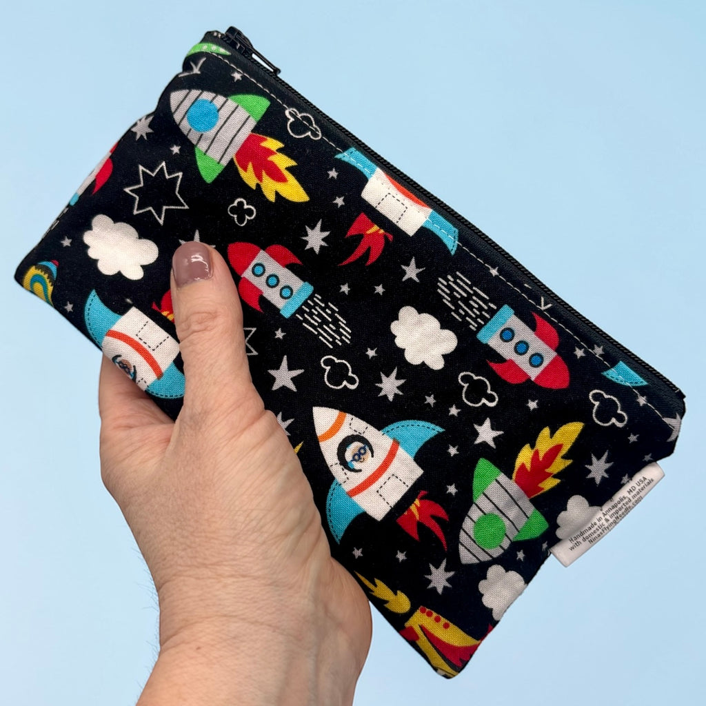 Knick Knack Sized Reusable Zippered Bag Rockets On Black