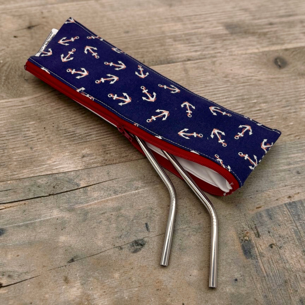 Regular Sized Reusable Straw/Utensil Wet Bag Anchor Stripe Combo