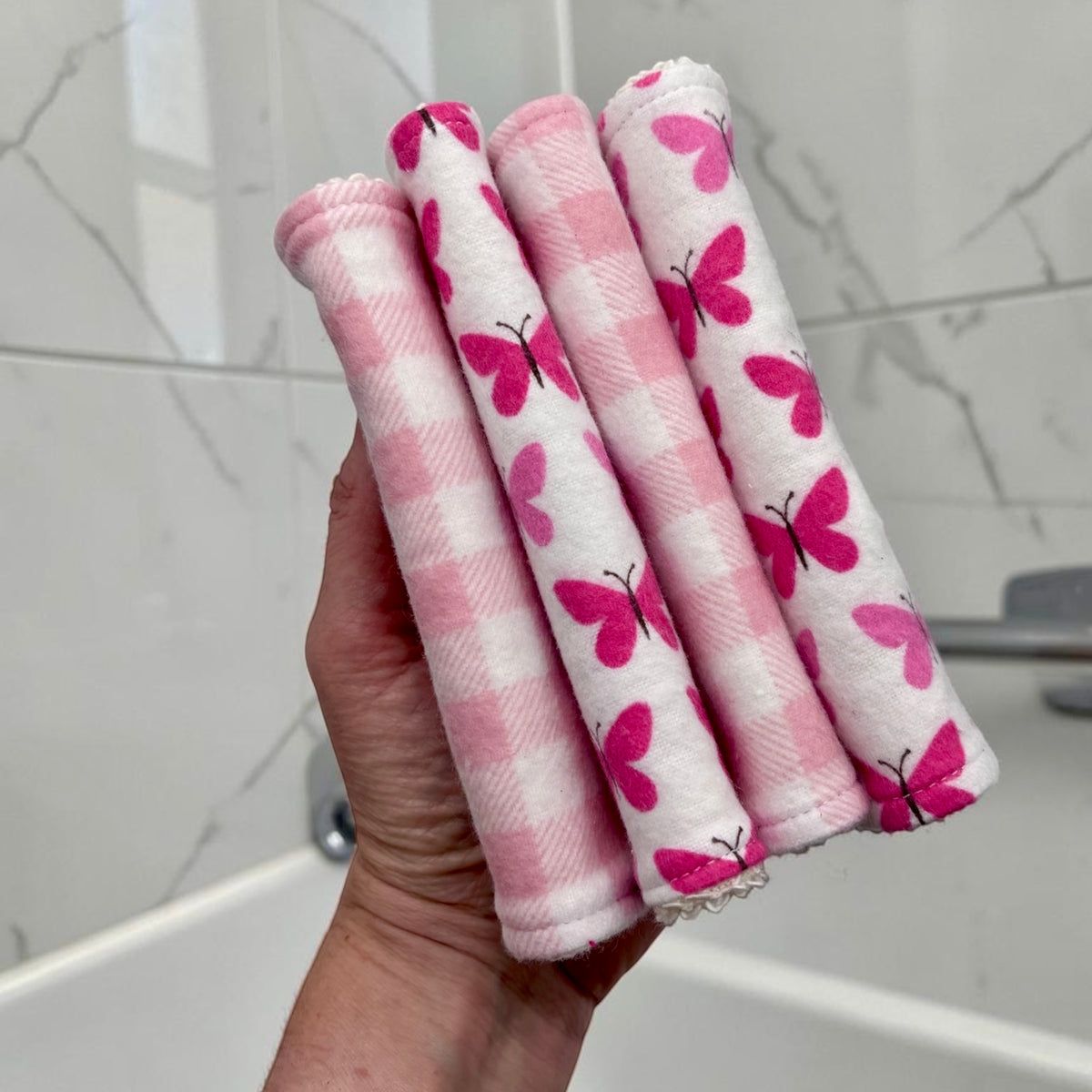 Wash Cloths - Minis - Gingham - Pink - Butterflies
