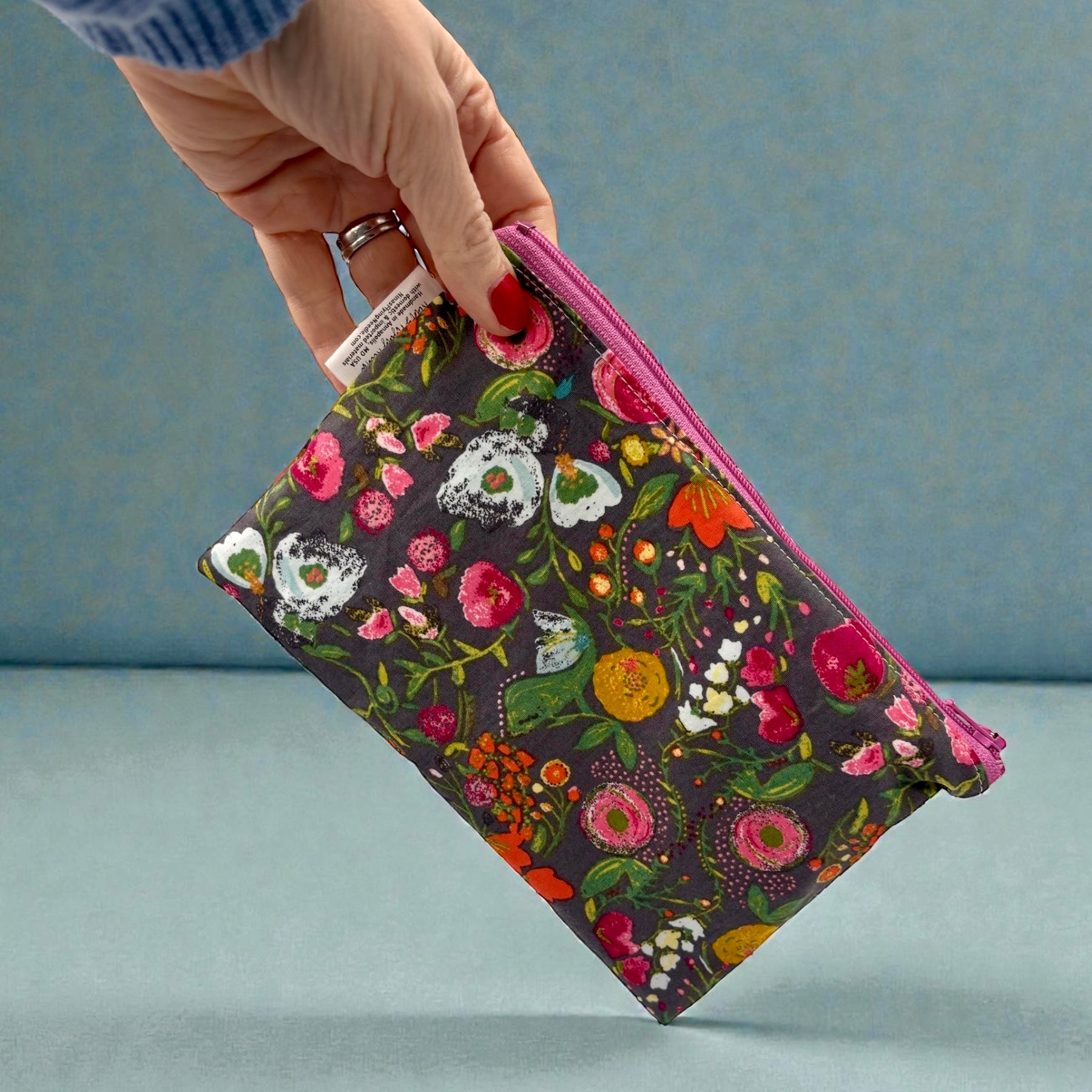 Snack Sized Reusable Zippered Bag Floral on Gray
