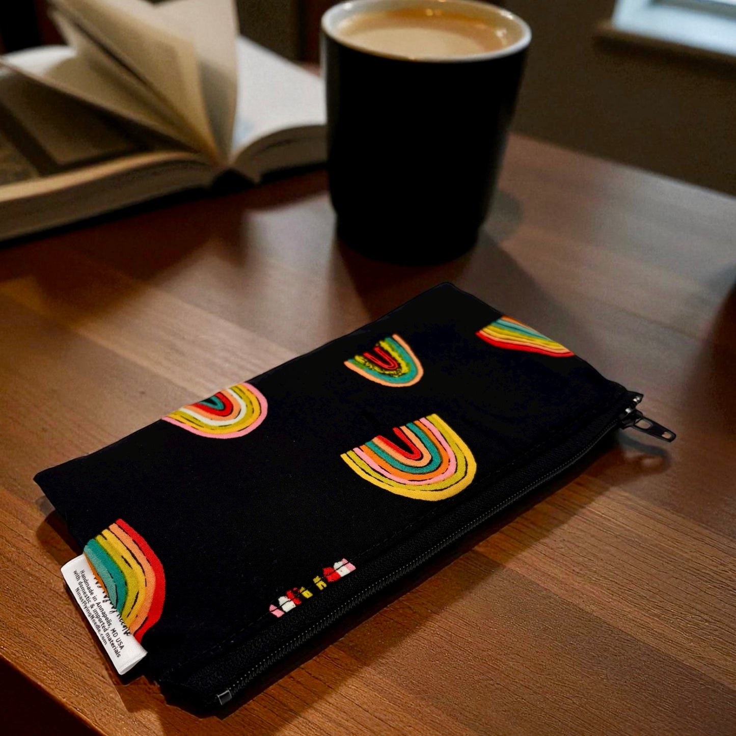 Knick Knack Sized Reusable Zippered Bag Rainbows on Black