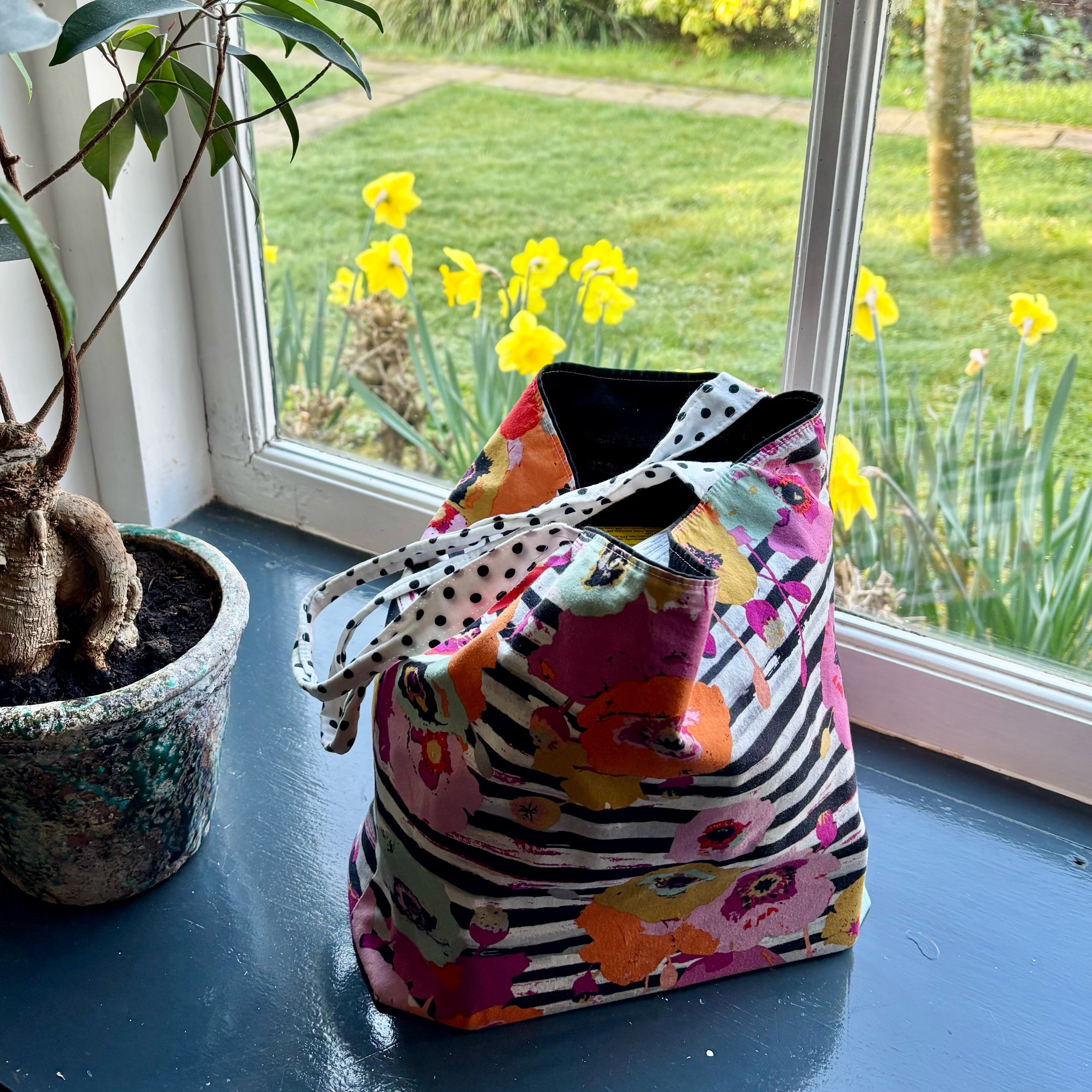 Children's Library Sized Reversible Tote Floral on Stripes