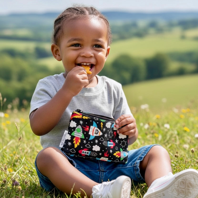 Knick Knack Sized Reusable Zippered Bag Rockets On Black