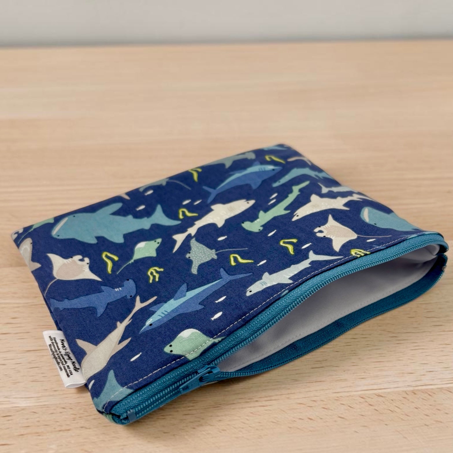 Sandwich Sized Reusable Zippered Bag Sharks on Blue