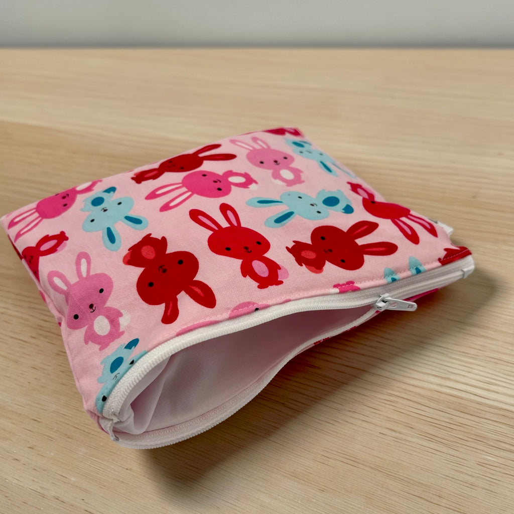 Sandwich Sized Reusable Zippered Bag Bunnies on Pink