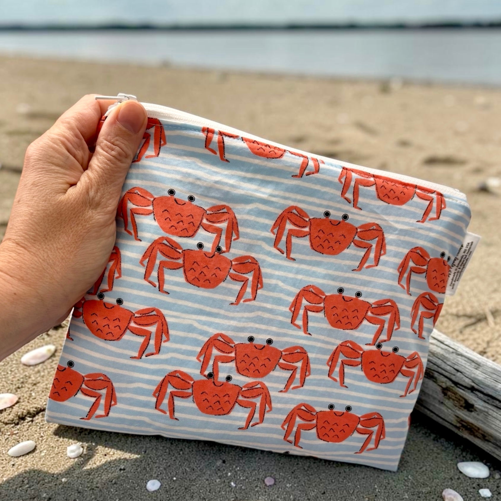 Sandwich Sized Reusable Zippered Bag Crabs on Stripes
