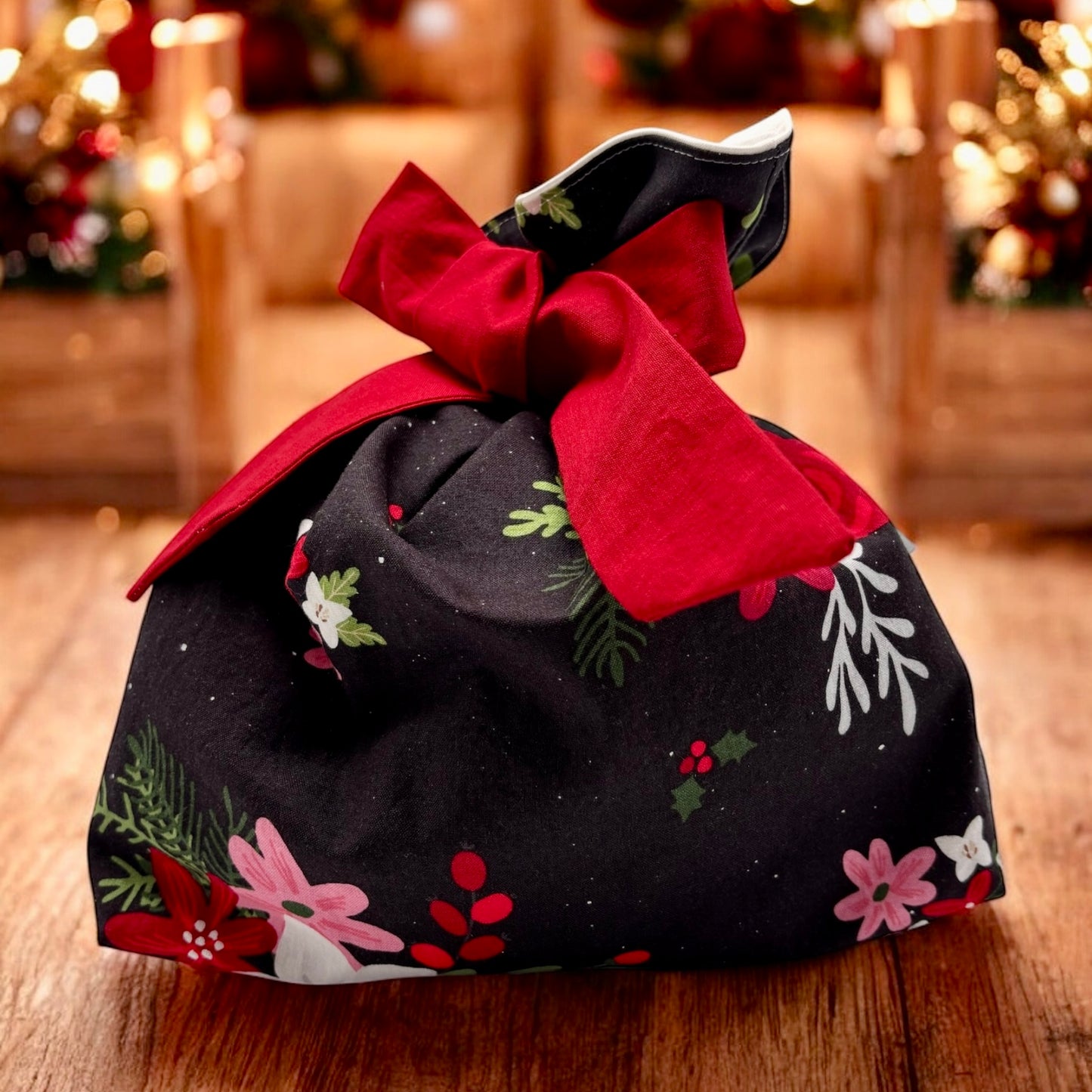 Just Right Gift Bag - Christmas Flowers on Black