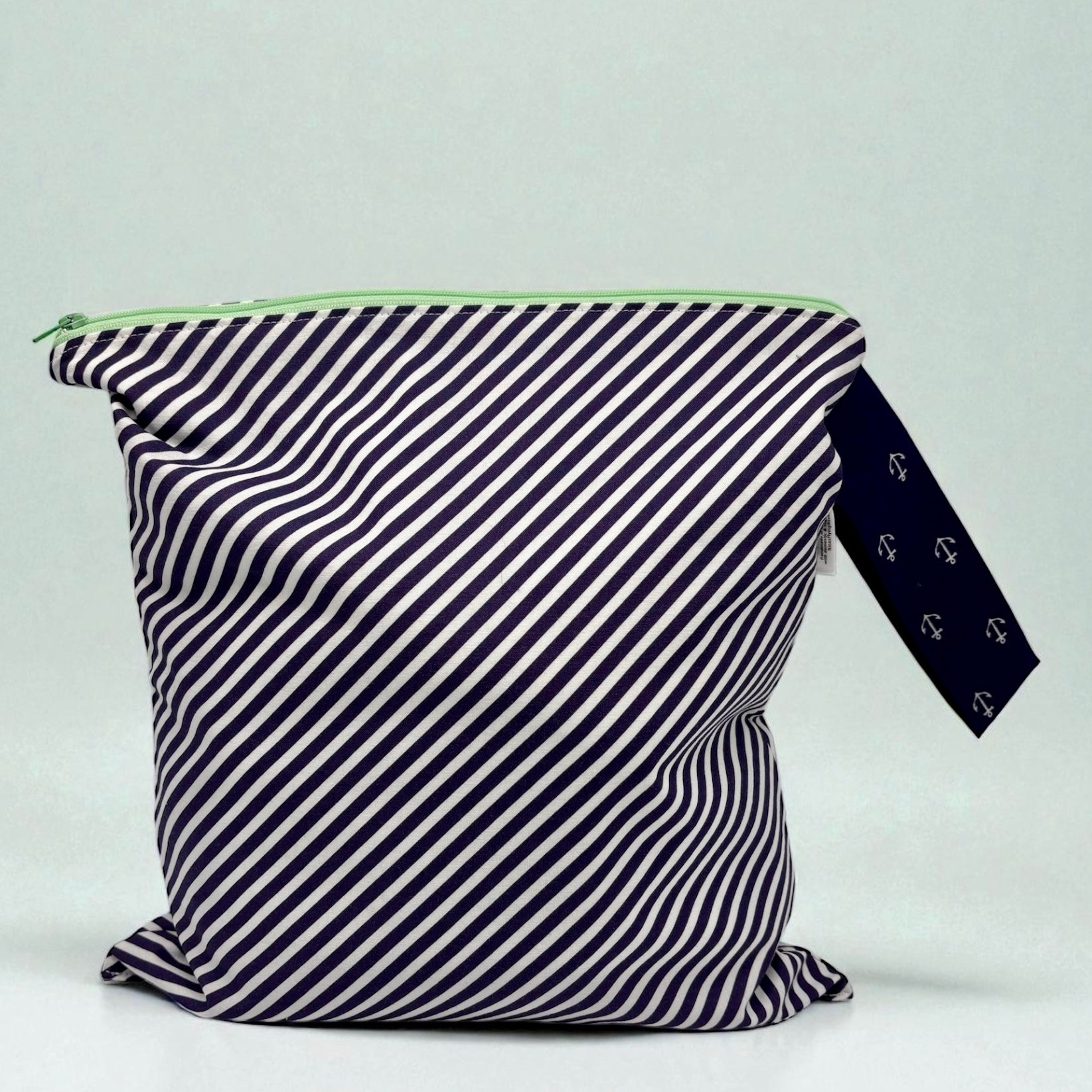 Large Wet Bag with Handle Bias Stripes Navy and Anchors