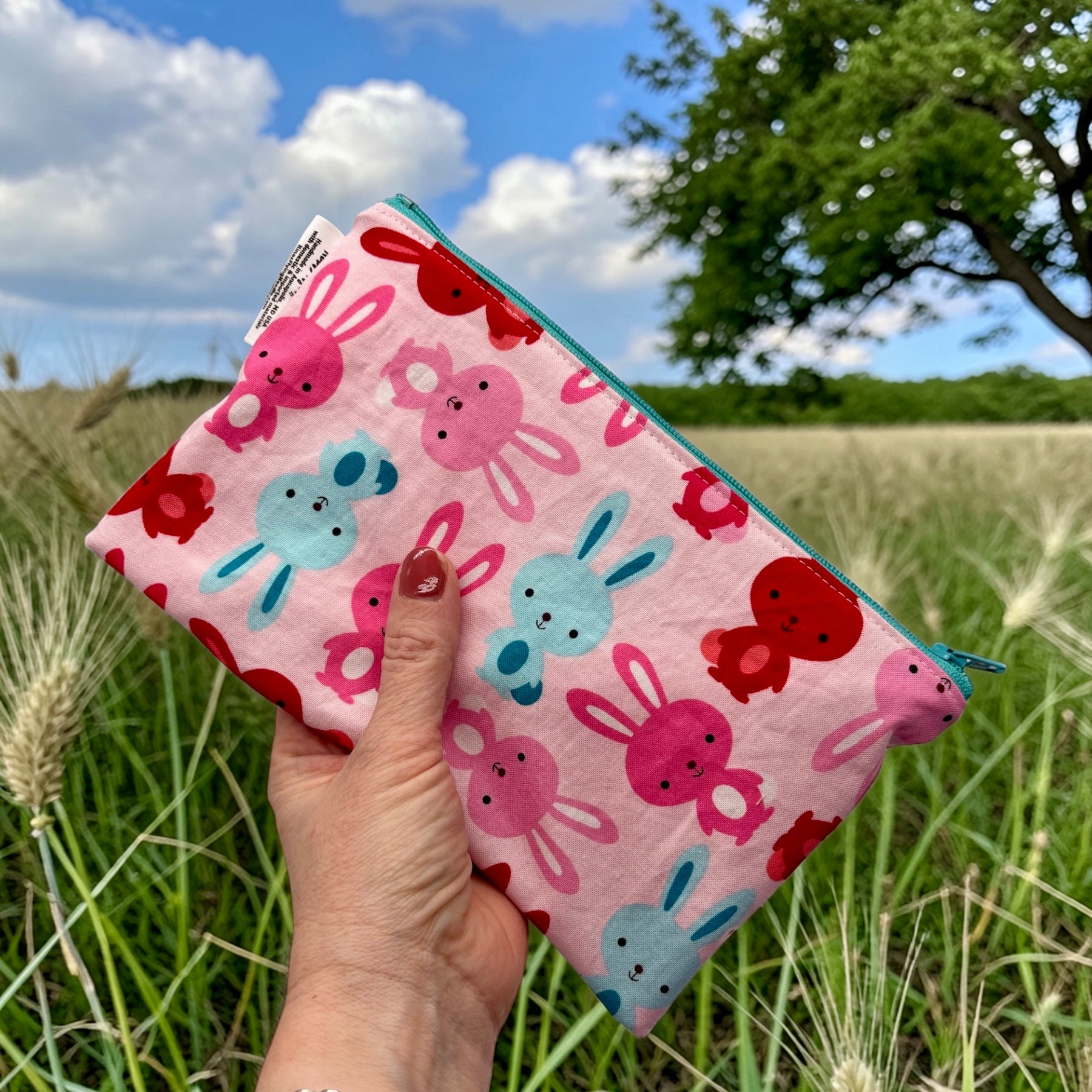 Snack Sized Reusable Zippered Bag Bunnies on Pink