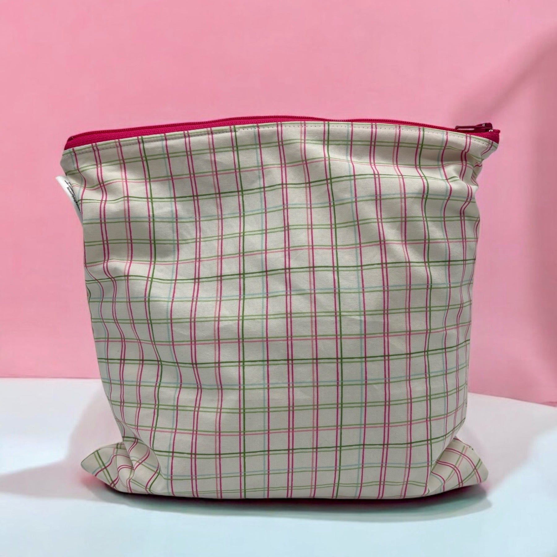 Gallon Sized Reusable Zippered Bag Plaid Green and Pink