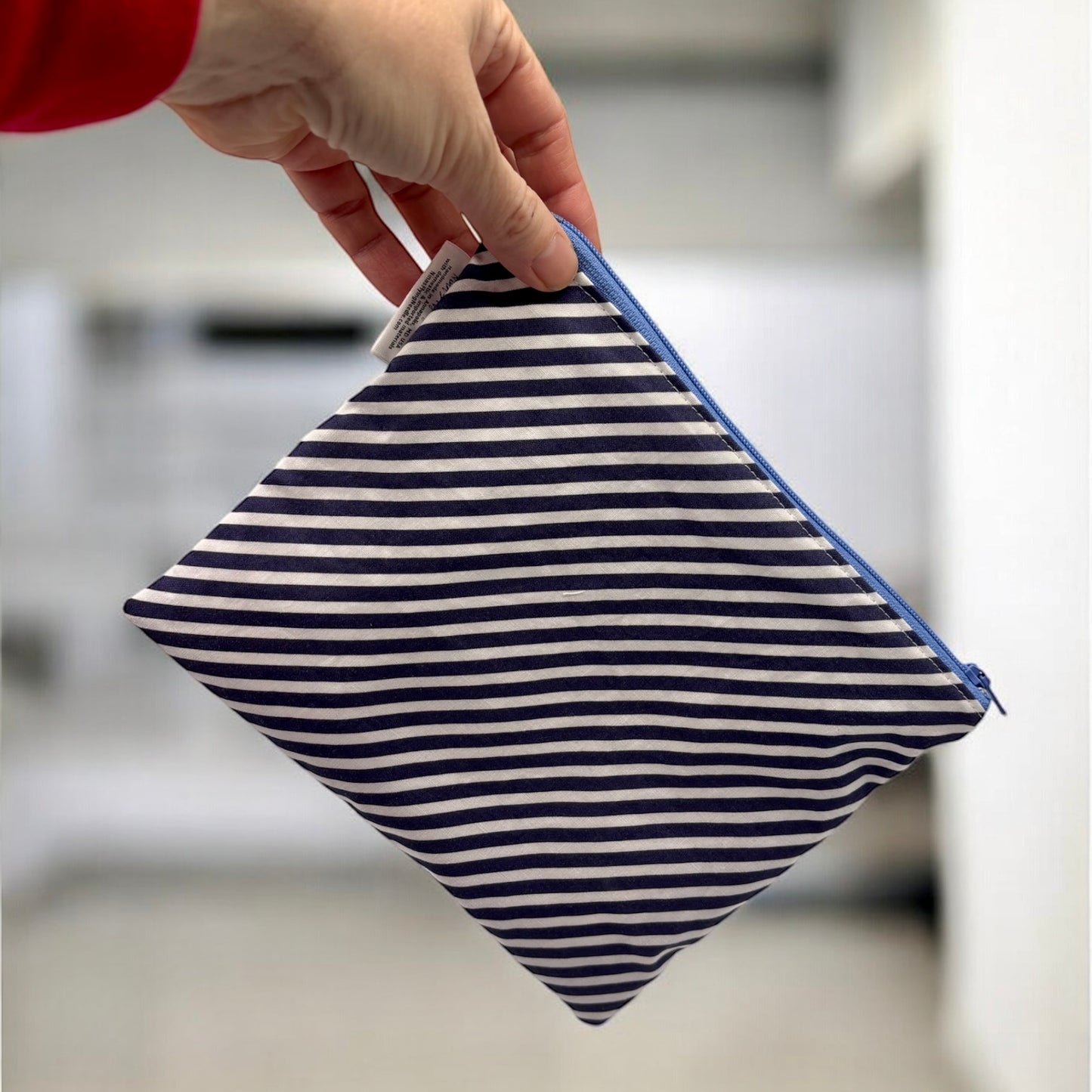 Sandwich Sized Reusable Zippered Bag Bias Stripe Navy
